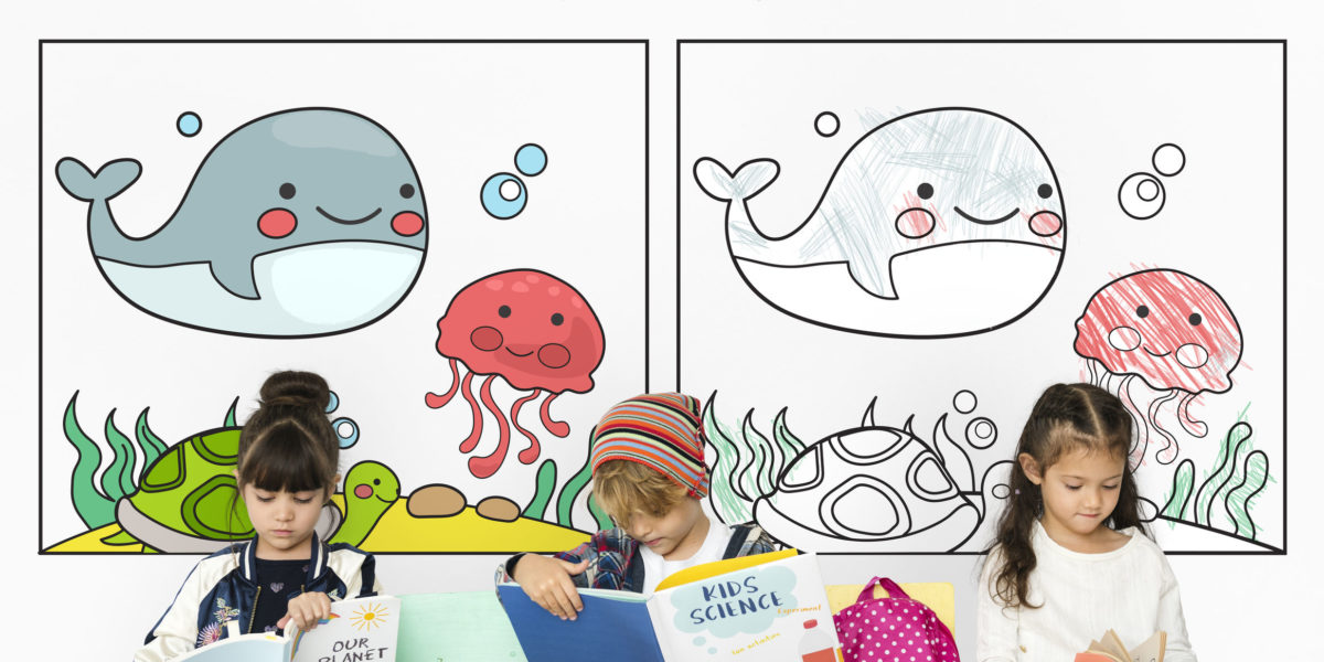 Reading is Fun -- kids reading books with images of sea creatures behind them