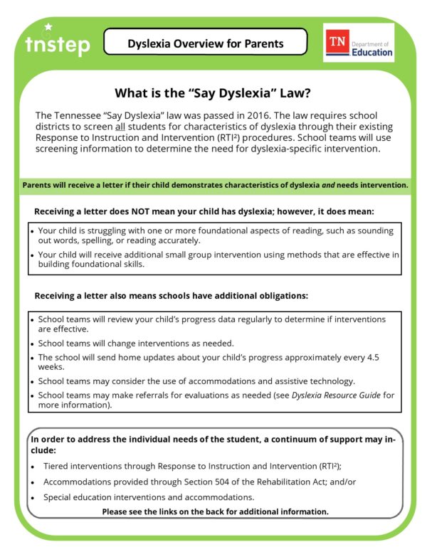 Dyslexia Overview for Parents sheet image