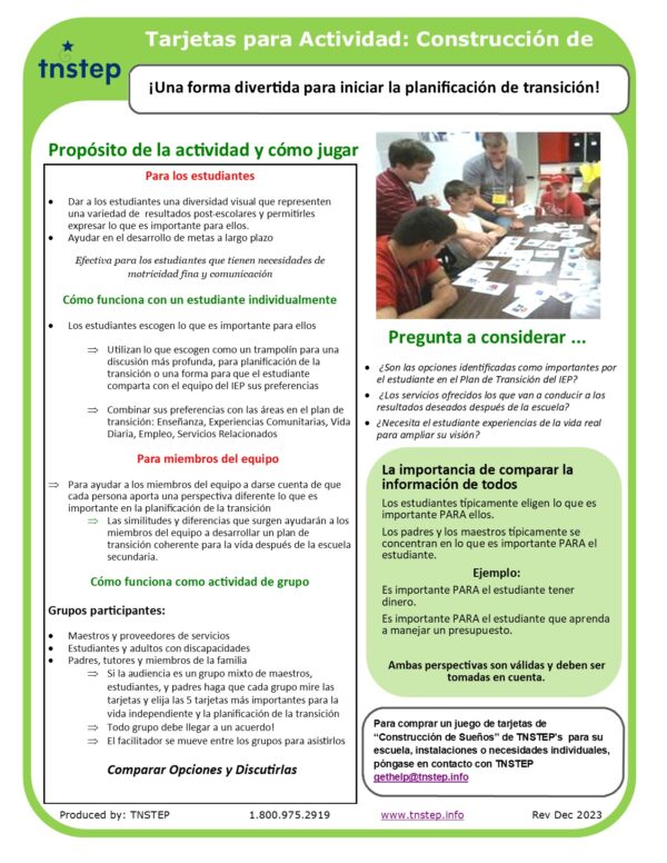 Dream Building Activity Cards Information Sheet SPANISH image