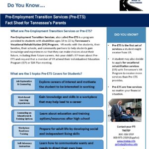 Pre-Employment Transition Services (Pre-ETS) Fact Sheet for TN Parents (WAZE for Adulthood)