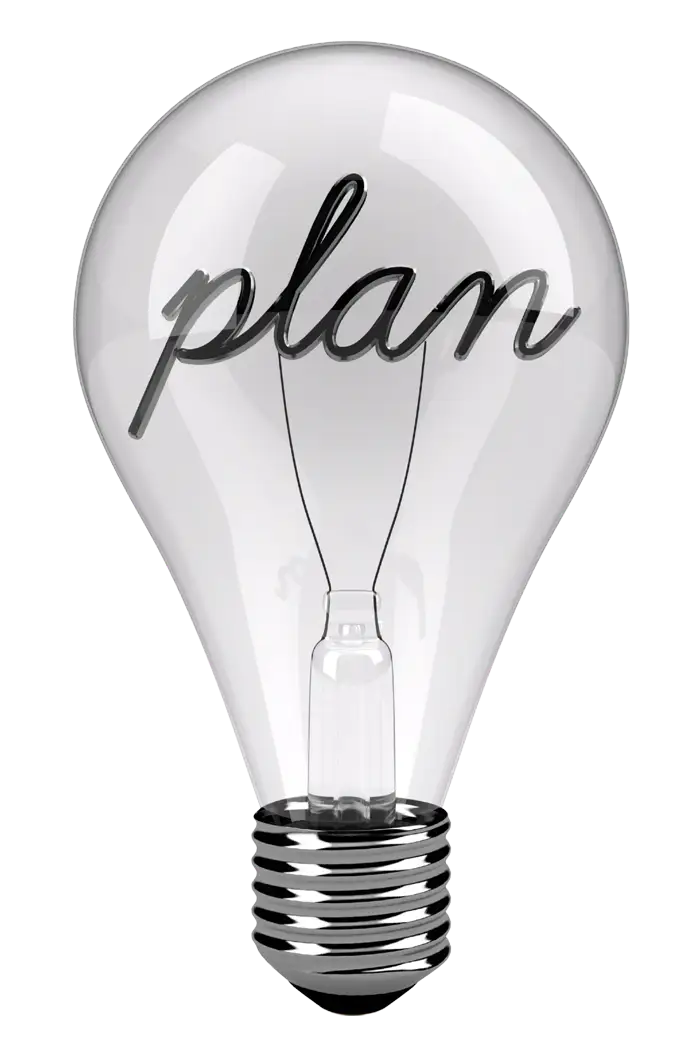 Lightbulb graphic with "plan" written on it